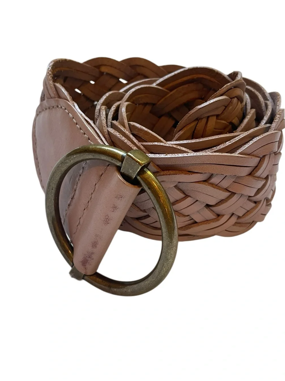 Talbots Taupe Wide Braided Leather Belt Womens S Brass Buckle 2.25